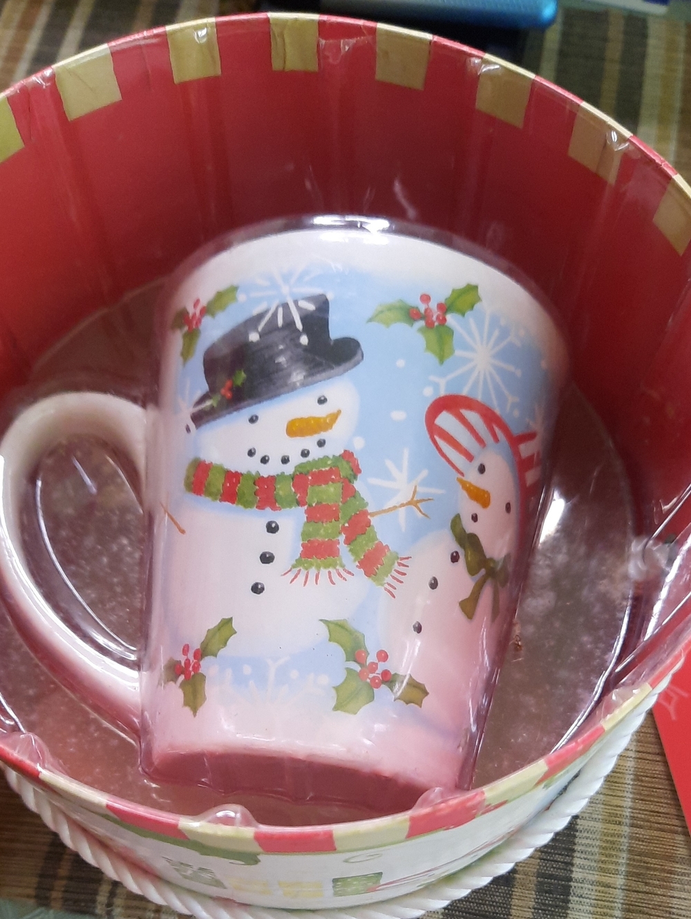 Festive Snowman Holiday Mug in Red and White